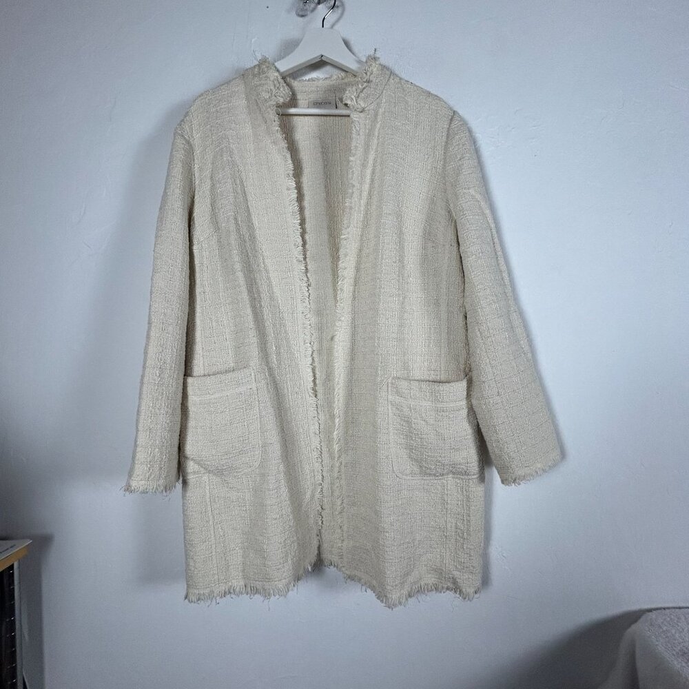 Chico's Womens Open Front Frayed Edge Textured Coat Jacket Size 2 Ivory Pockets